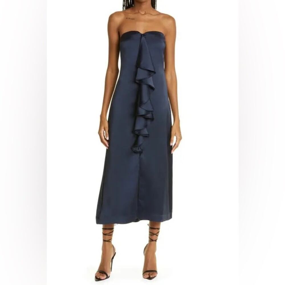 Ramy Brook Venice Strapless Ruffle Midi Dress Navy Women’s Sz 2 - Picture 1 of 7